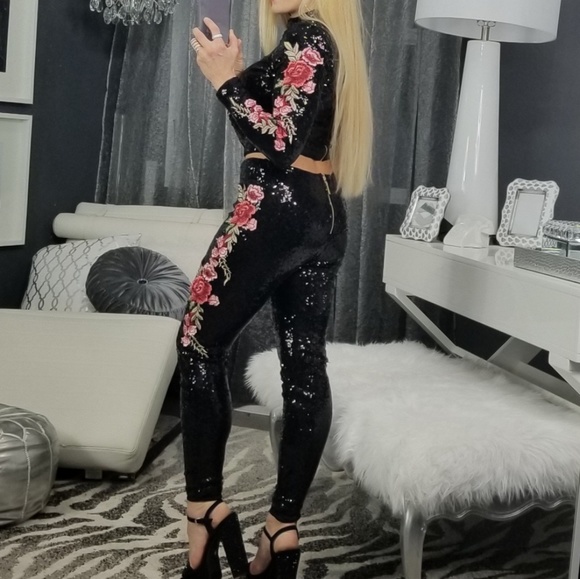 LAST 1! Top & pant Sequins Skinny 2 piece set - Picture 3 of 4